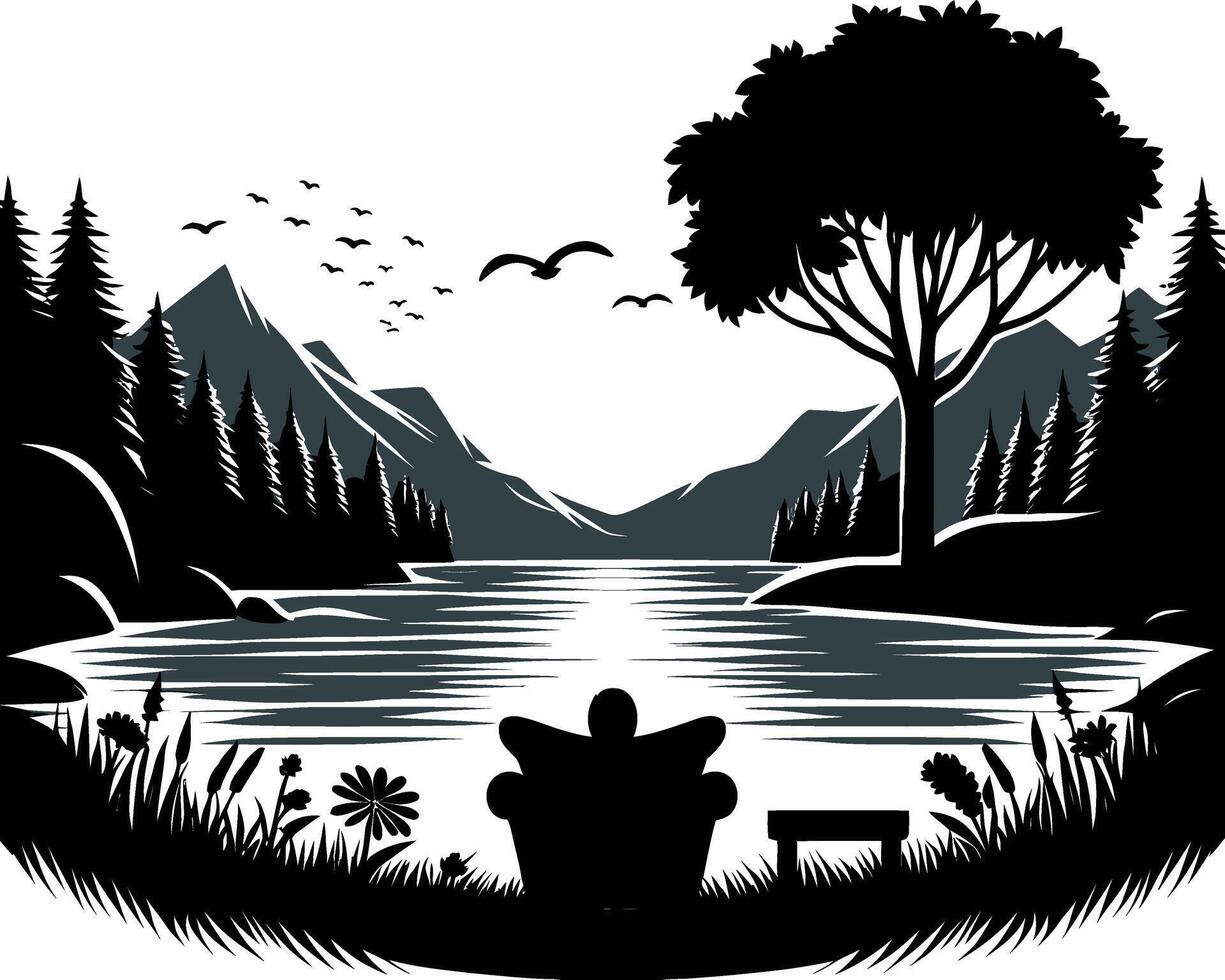 Beautiful relaxing landscape with mountain river and tree Silhouette illustration vector