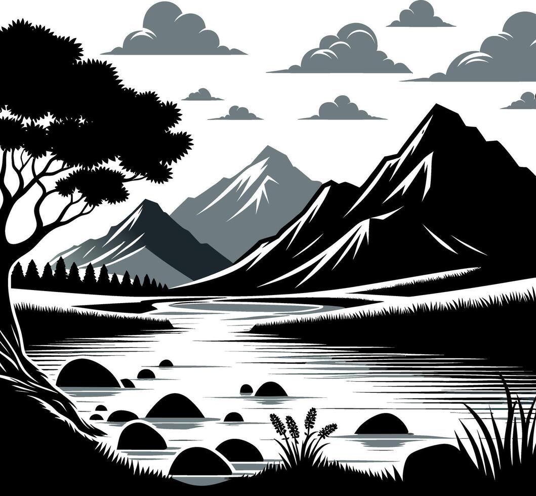 Beautiful landscape Silhouette illustration isolated on black and white back ground vector