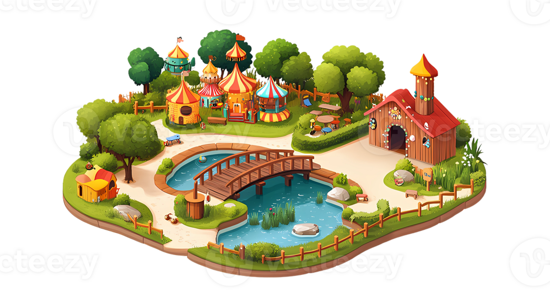 an illustration of a small circuss park with a pond and bridge png