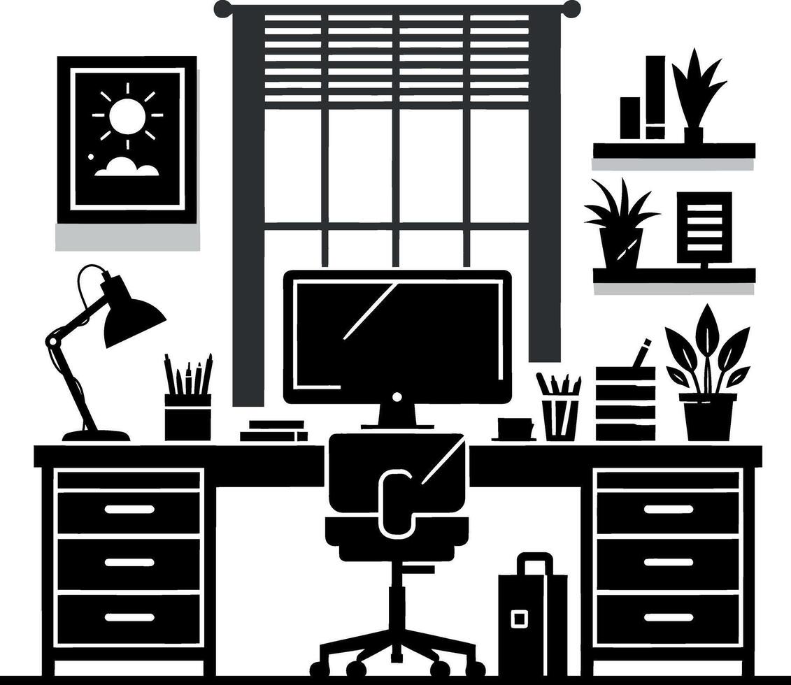 office desk silhouette on a white background, office interior desk with computer chair and table silhouette silated on white background vector