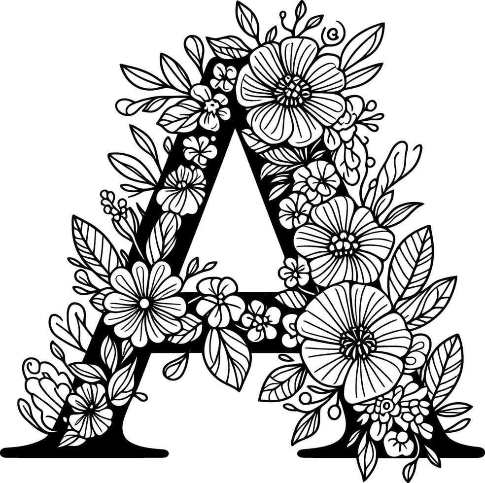 Letter A with flower pattern isolated silhouette black and white vector