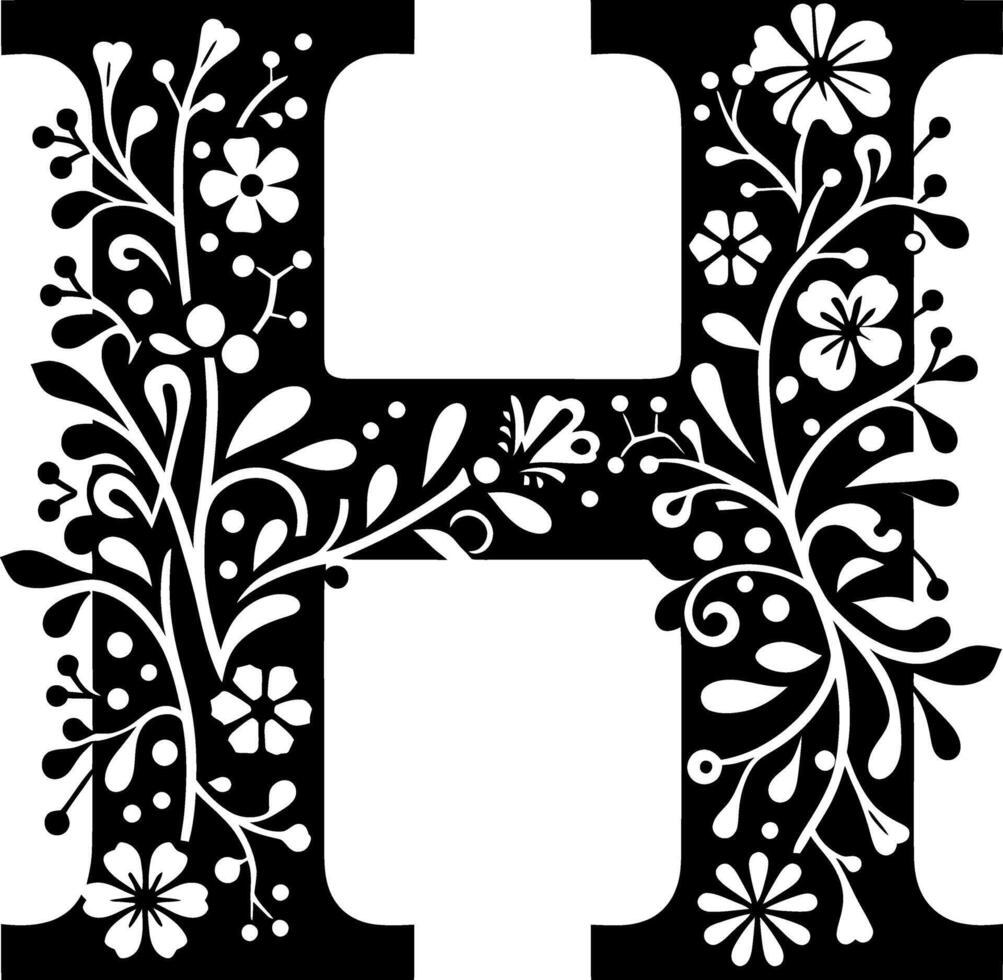 Letter H with flower pattern isolated silhouette black and white vector
