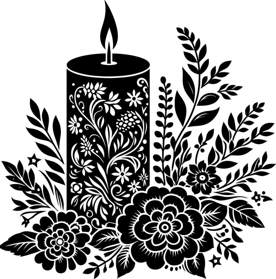 candle with Floral design Silhouette Motif Pattern, candle Flower design elements silhouette pattern black and white vector