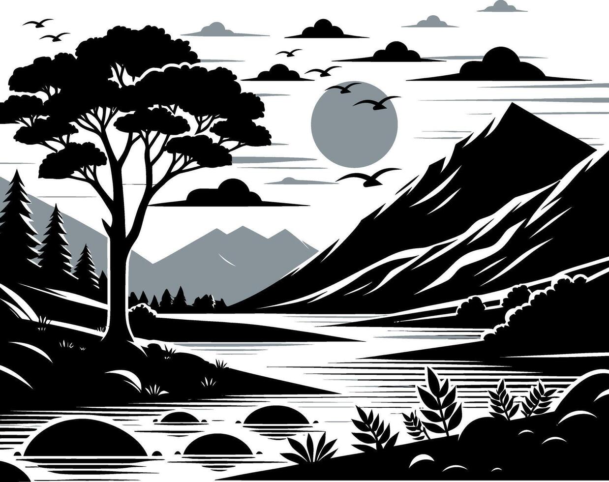 Beautiful relaxing landscape with mountain river and tree Silhouette illustration vector