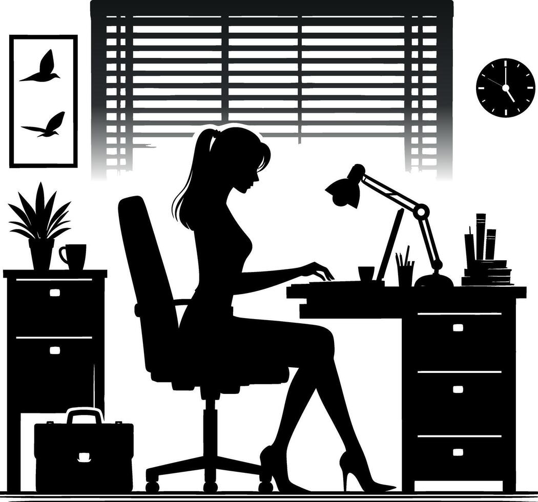 Office girl working on her desk with PC or laptop silhouette illustration black and white design vector