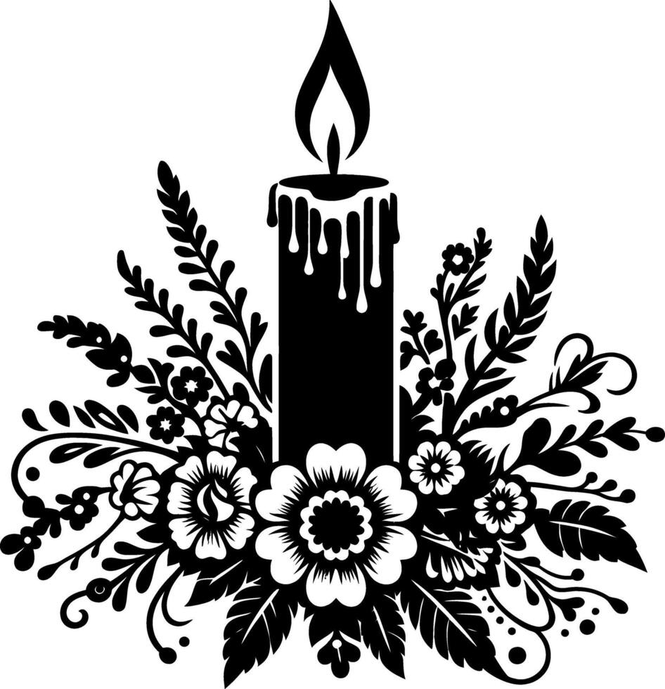 candle with Floral design Silhouette Motif Pattern, candle Flower design elements silhouette pattern black and white vector