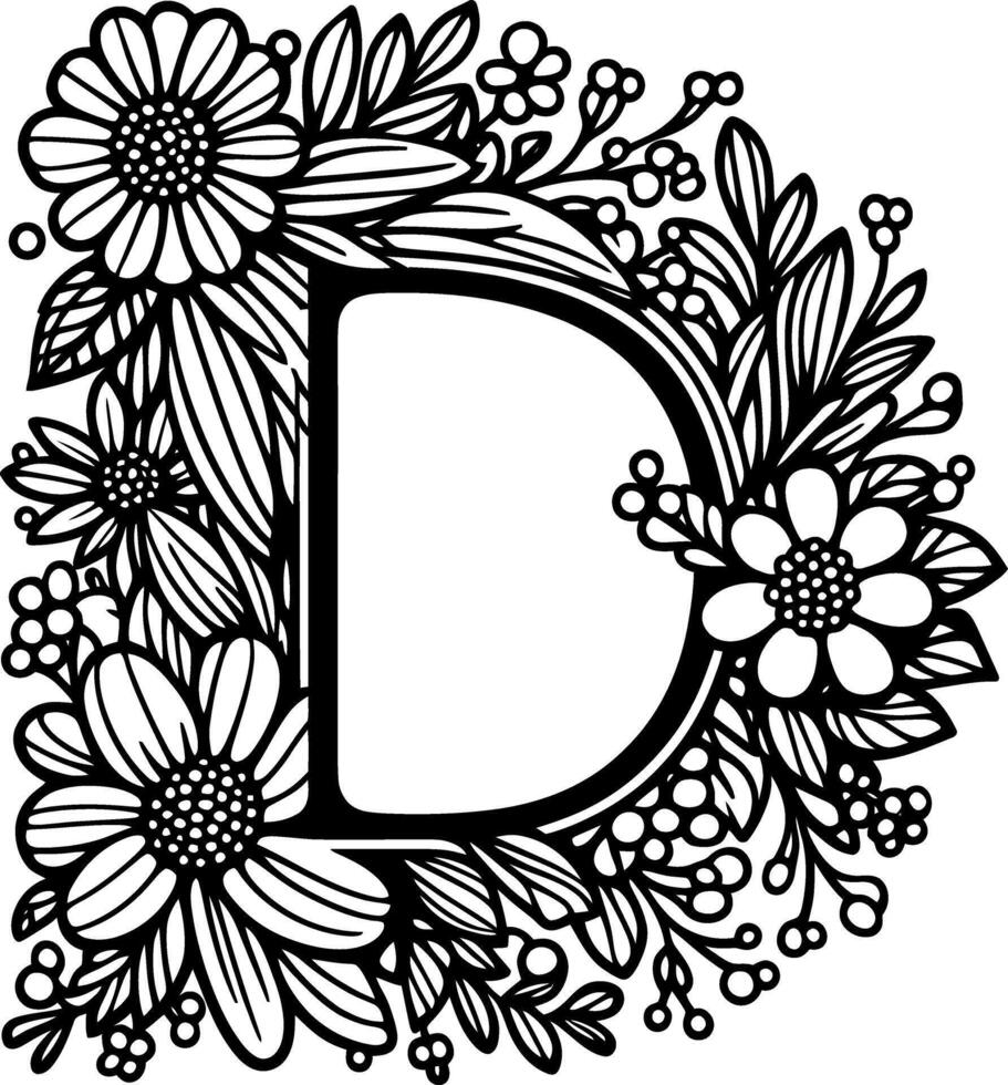 Letter D with flower pattern isolated silhouette black and white vector