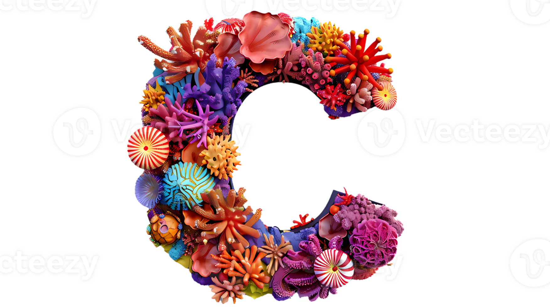 the letter c is made of colorful coral and other sea life png