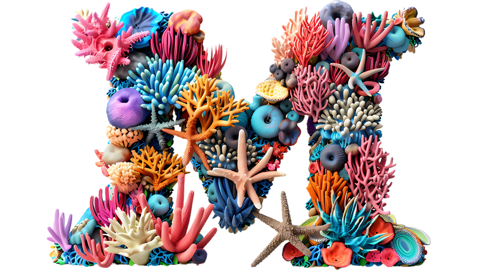 the letter M is made of colorful coral and other sea life png