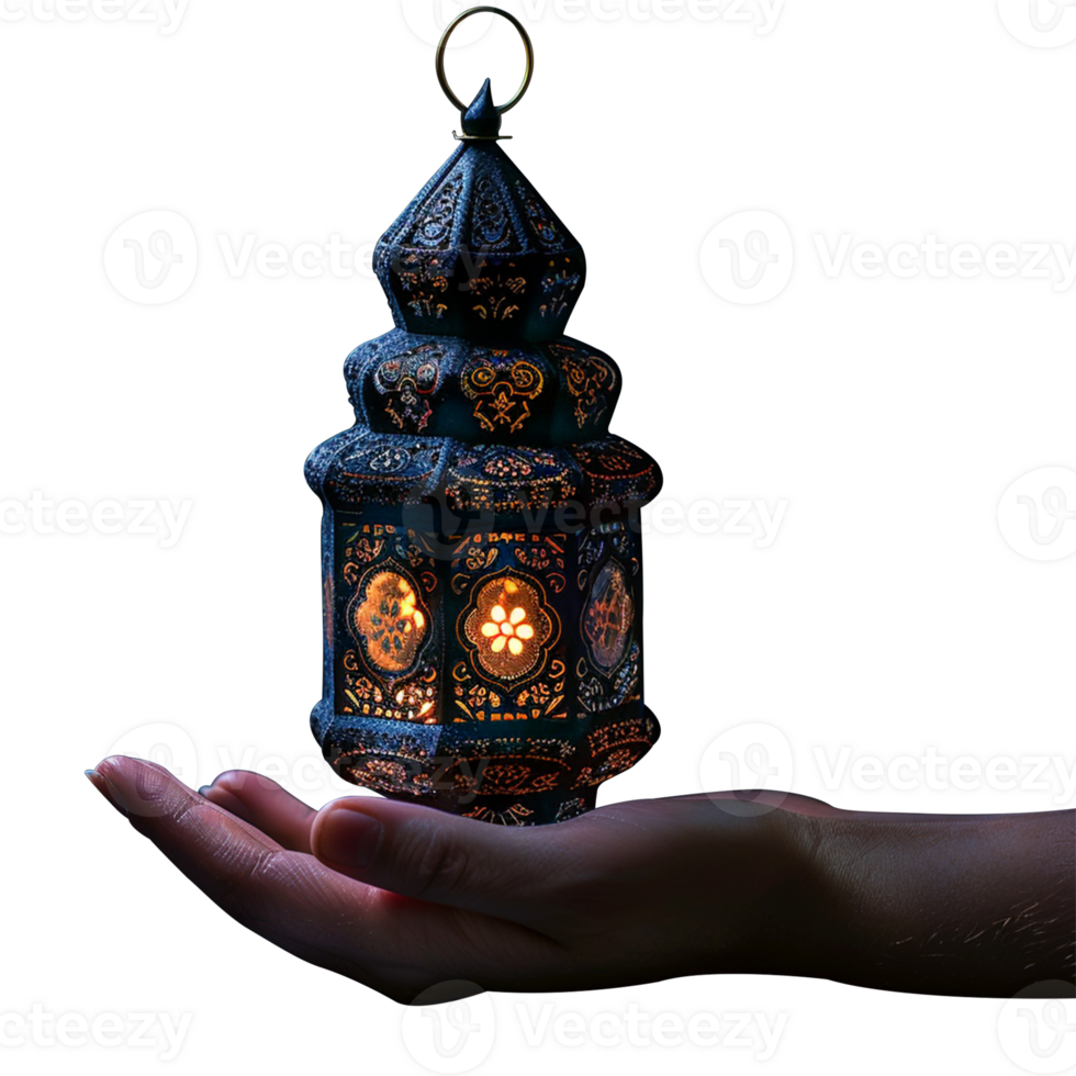 A hand holding arabic lantern isolated png