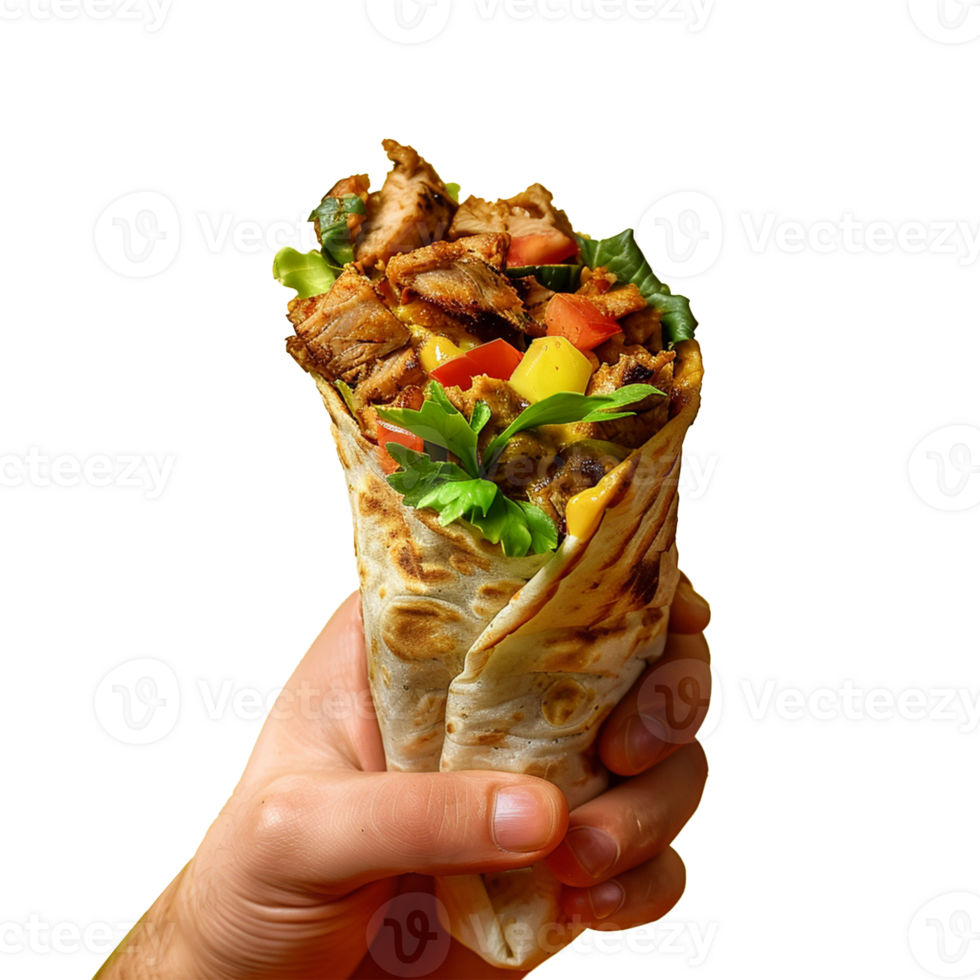 A hand holding shawarma isolated on transparent background, Ai png