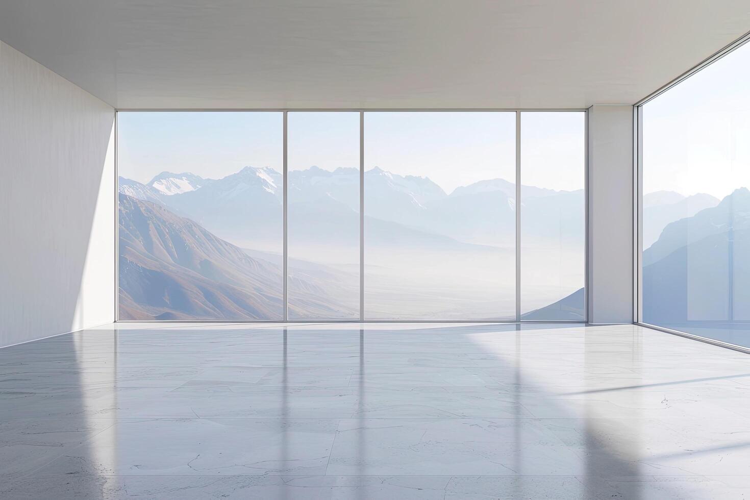 empty room with panoramic view of the mountains and blue sky photo