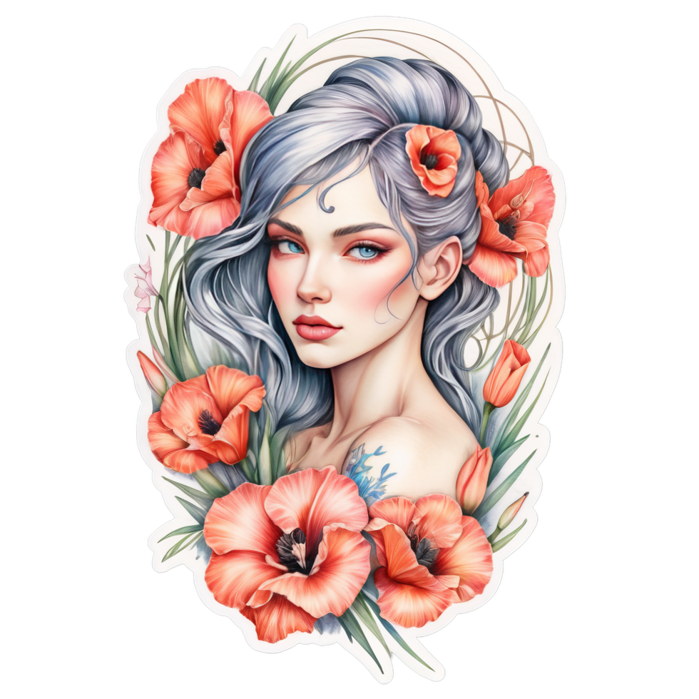 Botanical Tattoo Design. Silhouette of a Girl with Poppies and Corn png