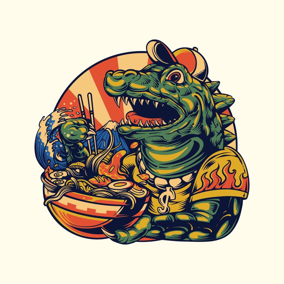 cute lizard ramen art design vector