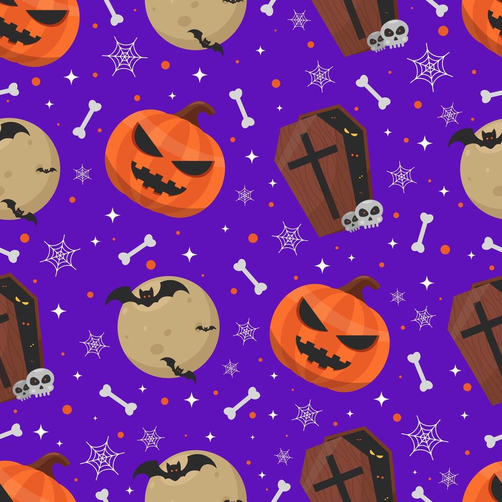 Halloween seamless pattern with pumpkin, moon, bat, and coffin vector