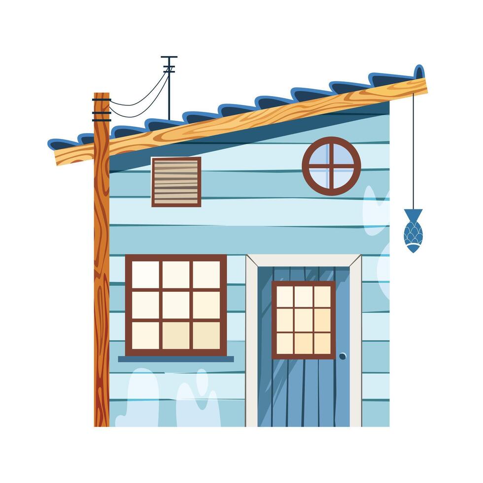 Tiny fishing hut - house facade, wooden blue walls and blue door, wide windows and tiny marine round window. Cute log cabin design vector
