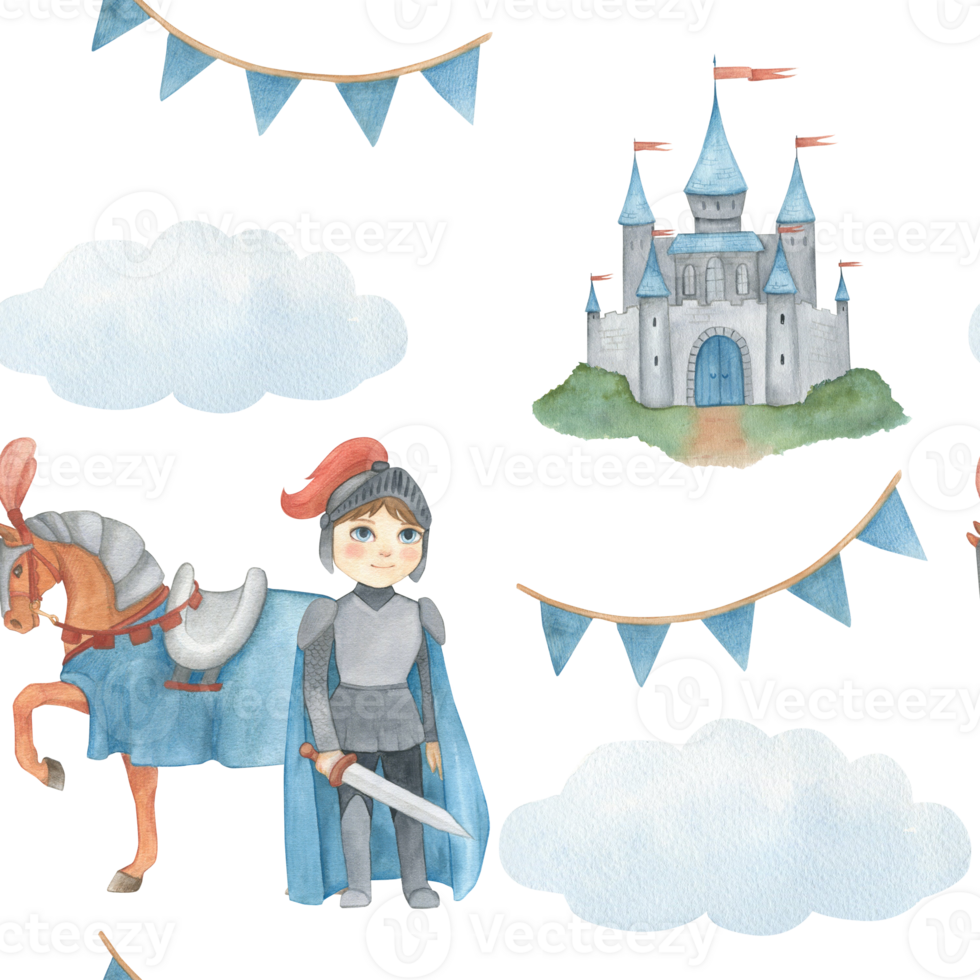 Seamless pattern with watercolor illustration of a garland of flags in blue and castle, horse, knight or prince in gray. Hand drawn. For decorating children's room wallpaper png