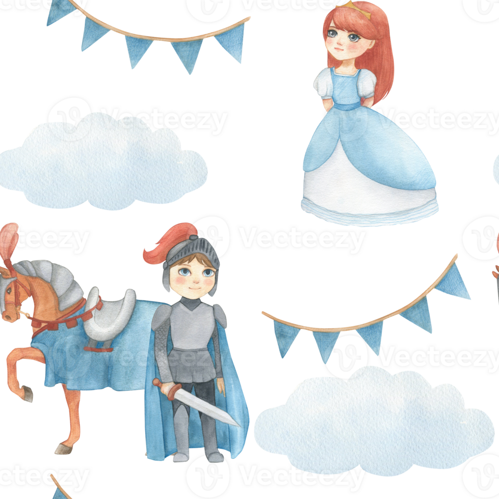 Seamless pattern with watercolor illustration of a garland of flags in blue and princess, horse, knight or prince in gray. Hand drawn. For decorating children's room wallpaper png