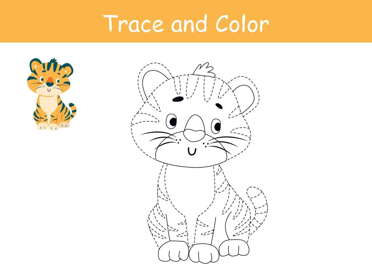 Cute tiger, african animal trace and coloring book or coloring page. vector