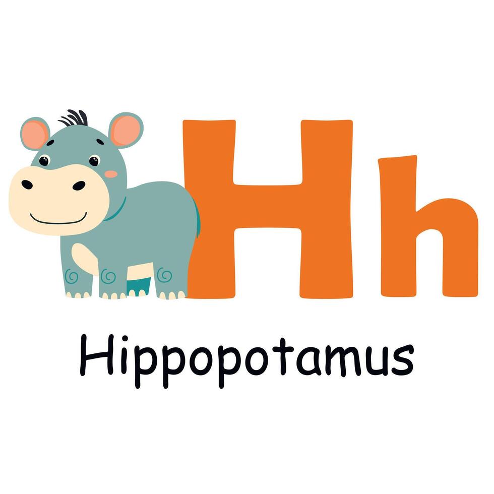 Cute animal alphabet for ABC book. H letter for the Hippopotamus vector