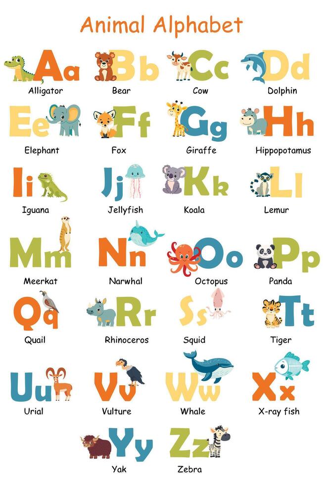 Colorful zoo alphabet for children with cute animals. Cartoon letters from A to Z isolated illustration. Preschool and school education concept vector