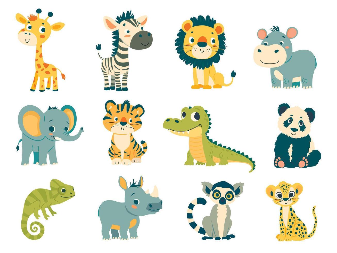 Set of cartoon african animals. A Giraffe, a lion, an elephant, a zebra, a hippo, a lemur, a cheetah etc vector