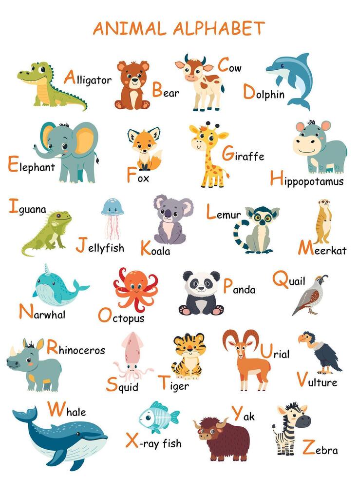 Colorful zoo alphabet for children with cute animals. Cartoon letters from A to Z isolated illustration. Preschool and school education concept vector