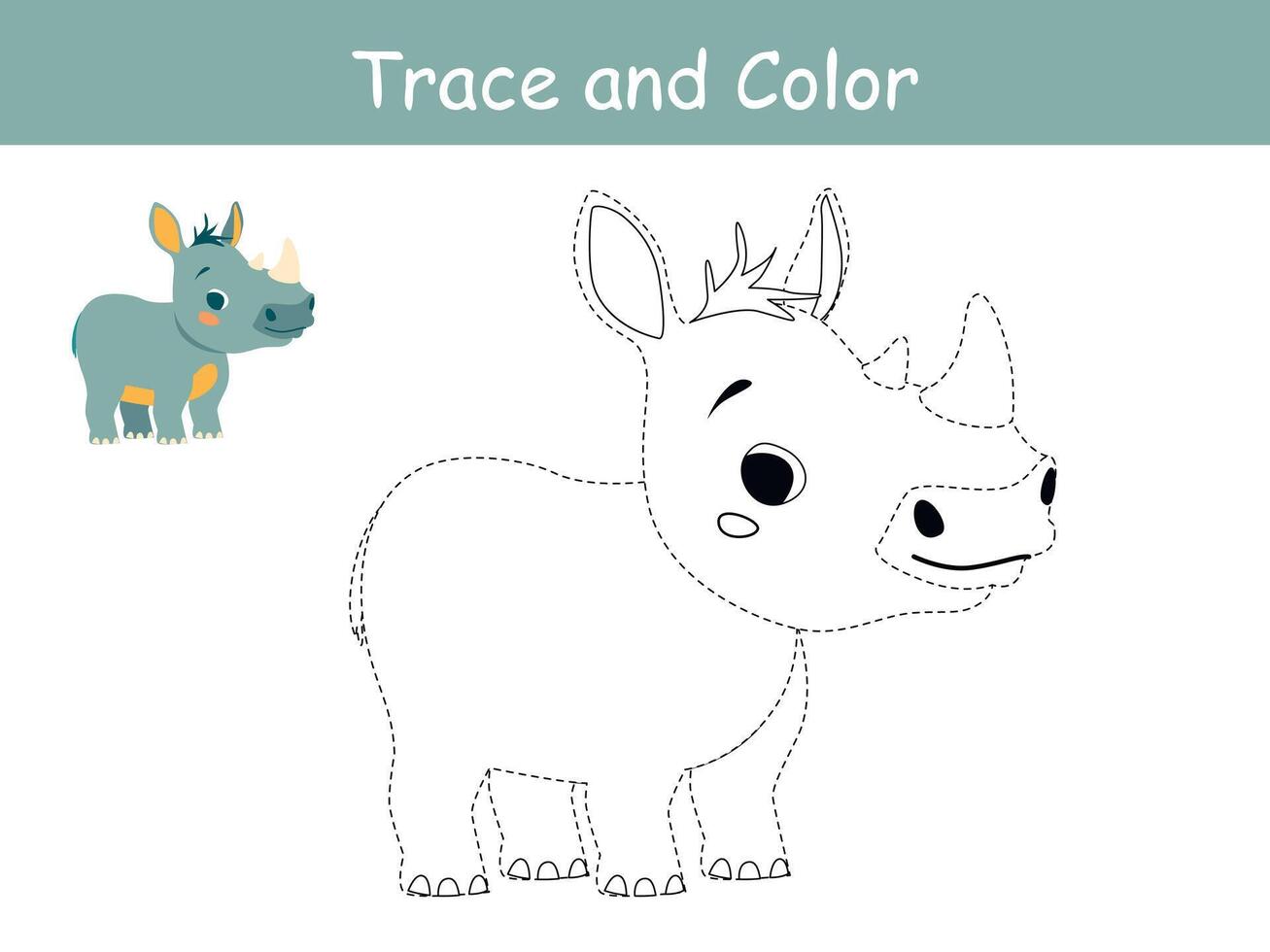 Cute rhinoceros, african animal trace and coloring book or coloring page. vector