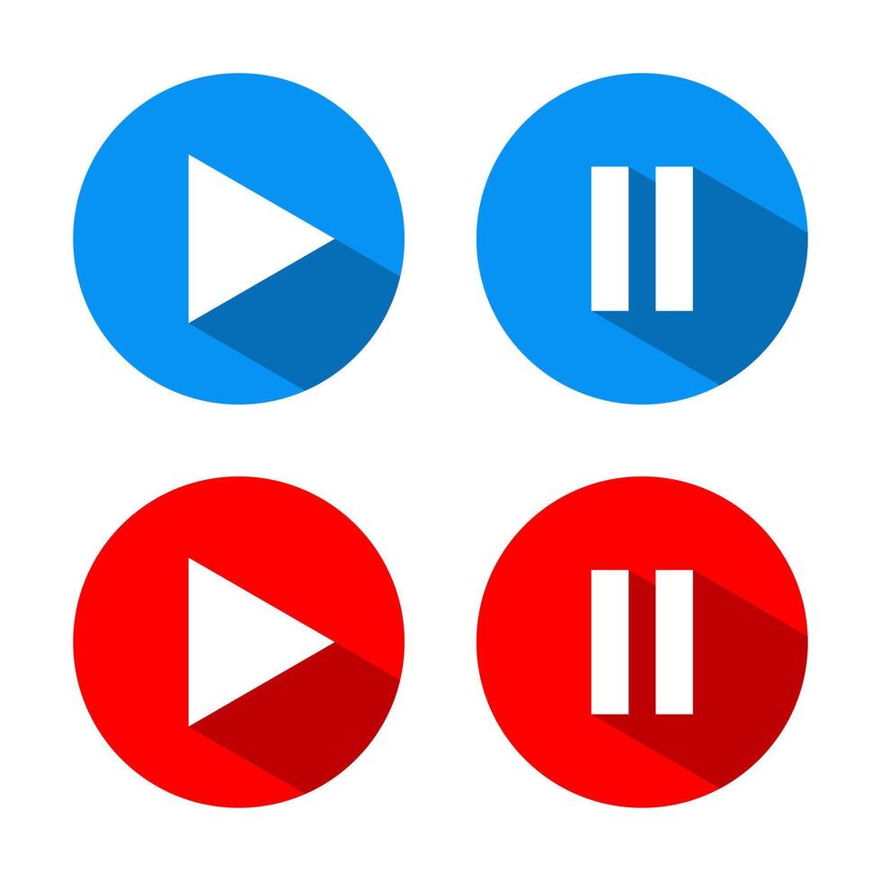 Play and pause button icon with long shadow. Media player elements vector