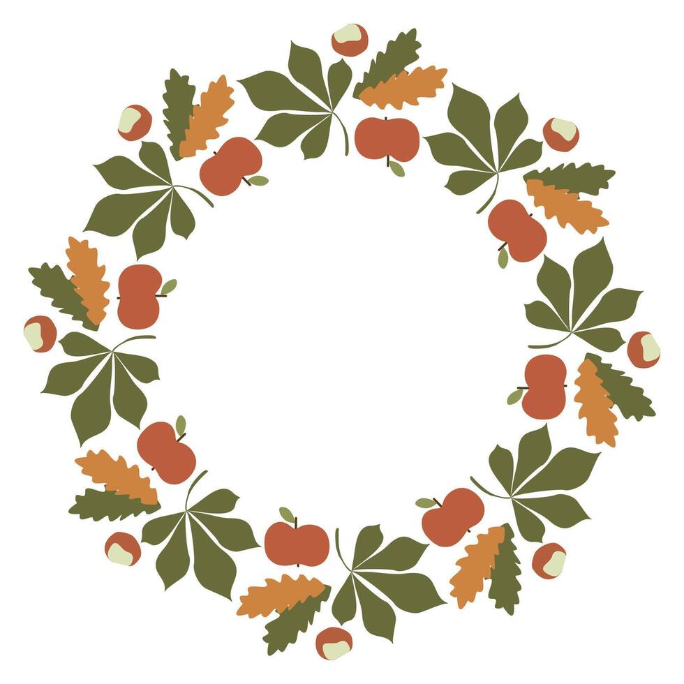 Fall leaf Wreath clipart, Autumn Round Flat Botany Frame. Isolated on white Illustration in Cartoon Style. Color Leaves background with Space for Text, Template with Copy Space for Card vector