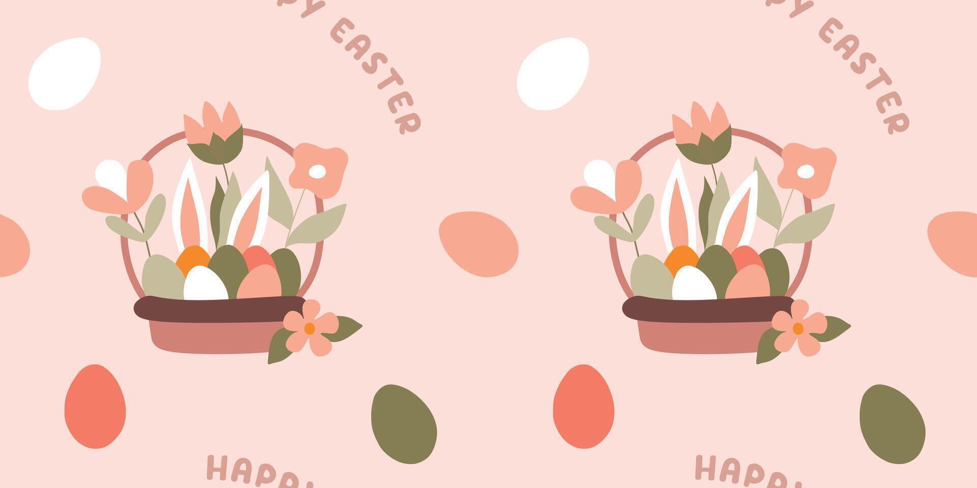 Easter Seamless Pattern with Bunny rabbit, Eggs, Basket and Spring Flowers on Pink background. Flat Cartoon Background with Lettering Happy Easter. Celebration Template for Gift Wrapping Paper vector