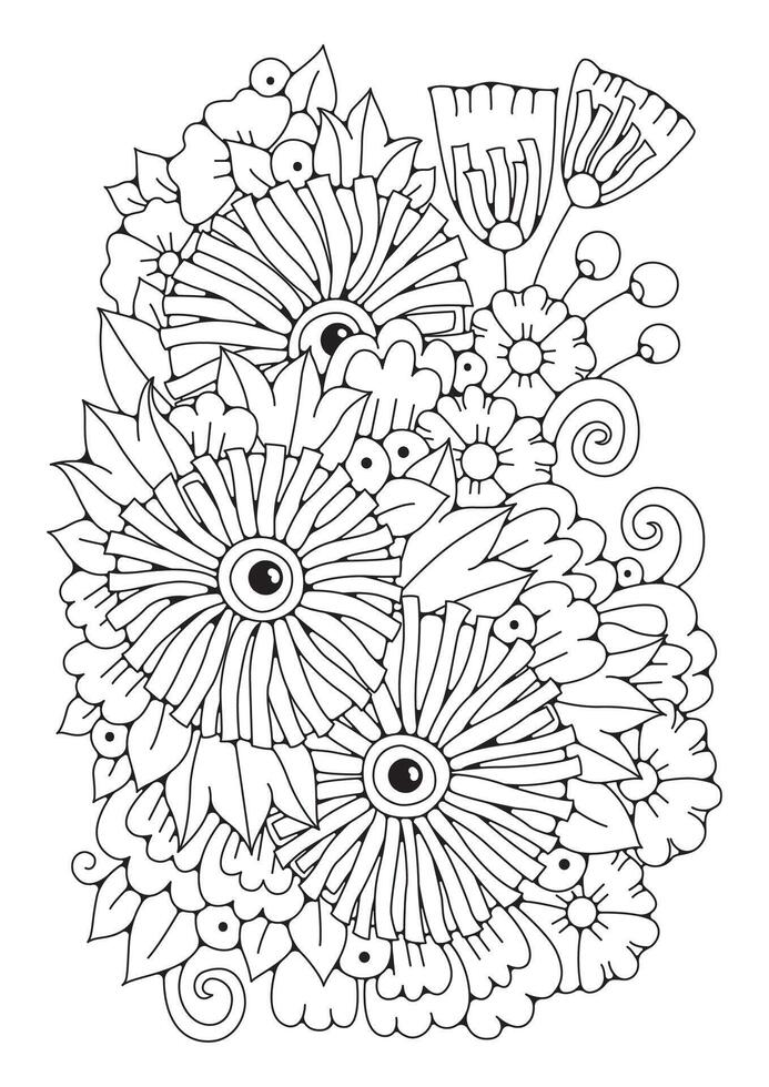 Coloring page with large round flowers. Art therapy. Black and white background for coloring. Art line. vector