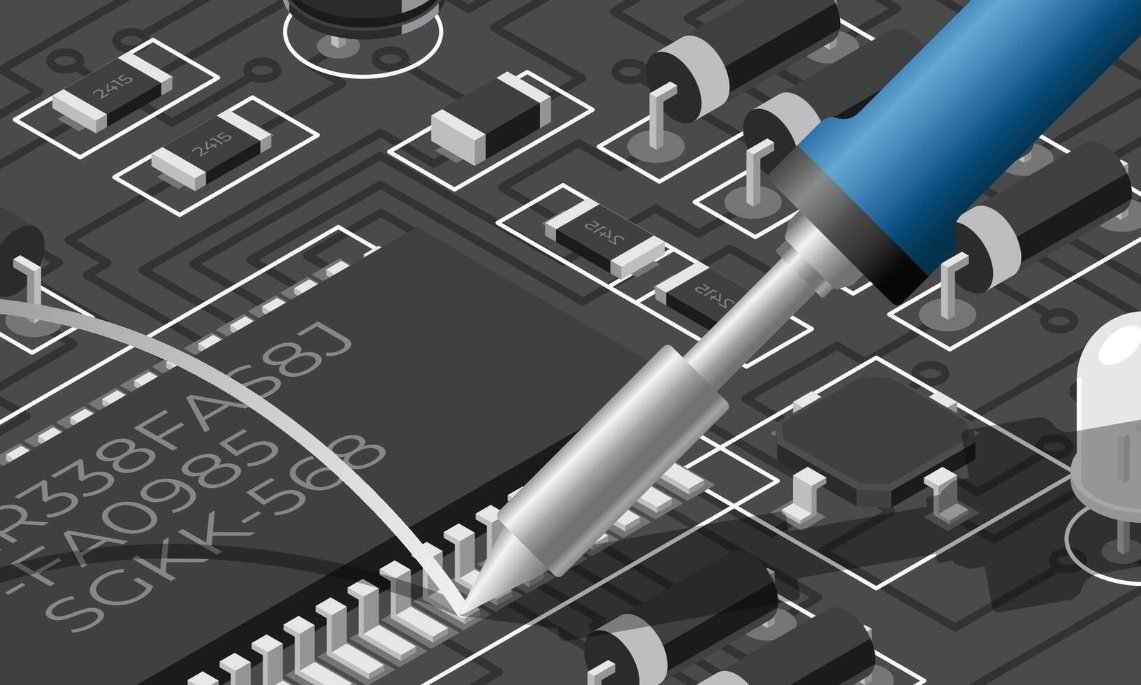 Isometric electronic board with soldering iron. Isometric printed circuit board with electronic components. Electronics repair vector
