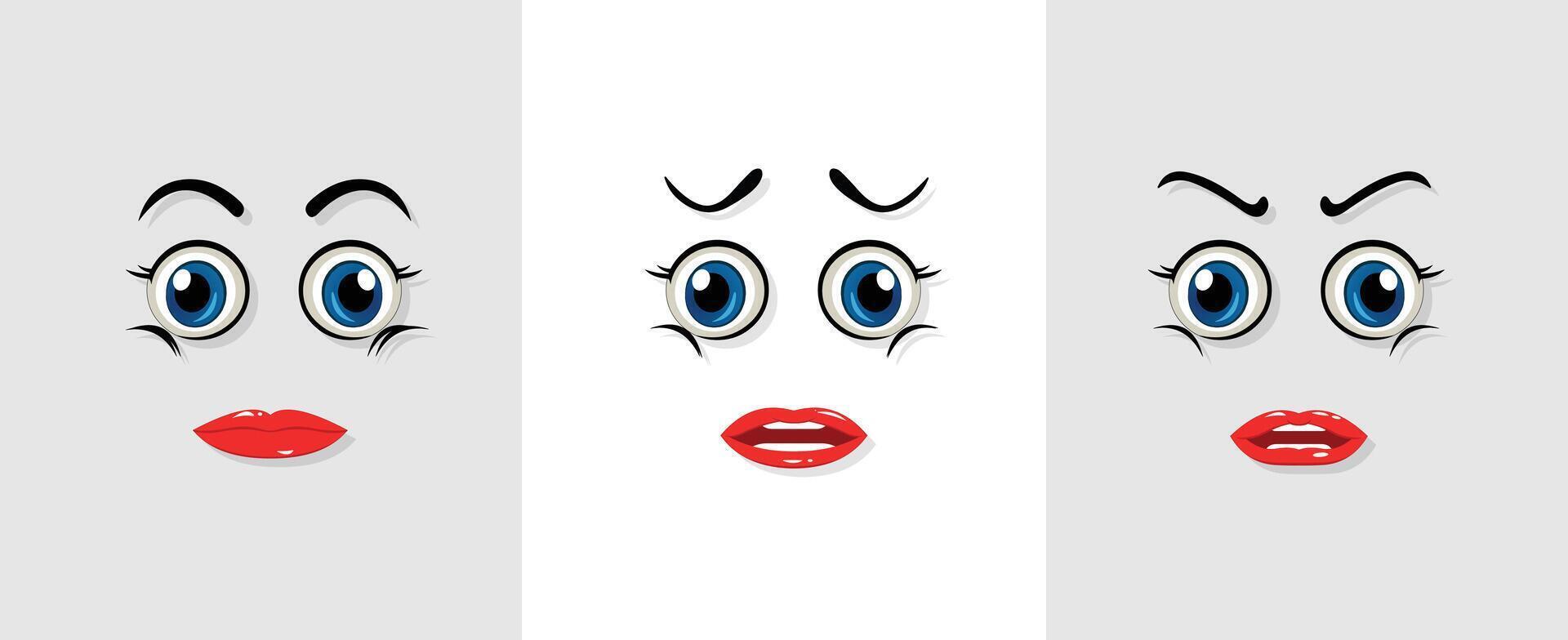 Cartoon female emotion eyes, happy, sad, angry graphics isolated on background vector