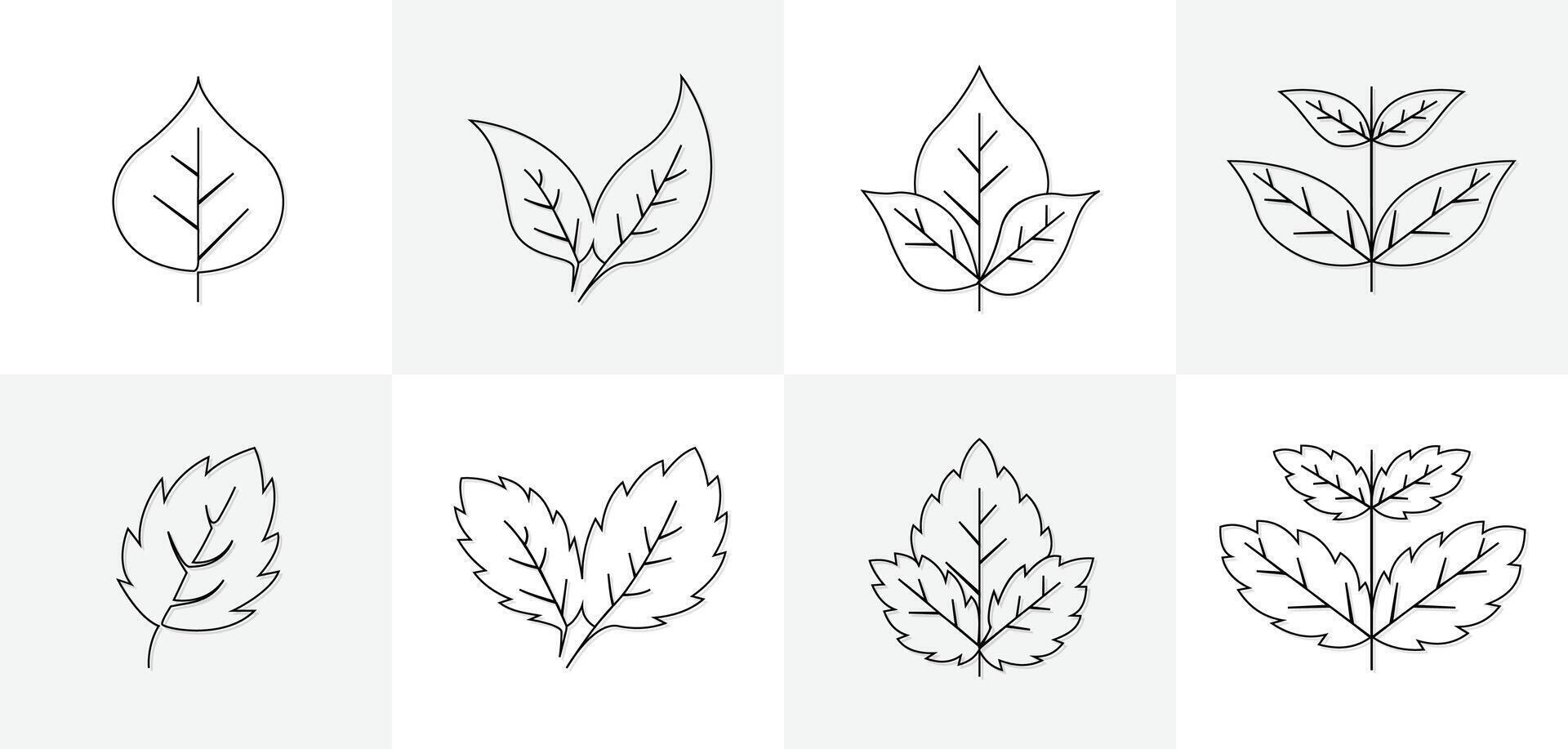 Set of black leaves icons and branches drawing of single continuous line isolated on background vector
