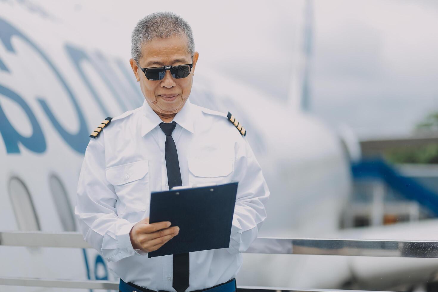 Professional pilot woman in uniform has teamwork meeting for success flight in aviation business. Young female captain instructor sitting in office and working or training commercial airline crew. photo