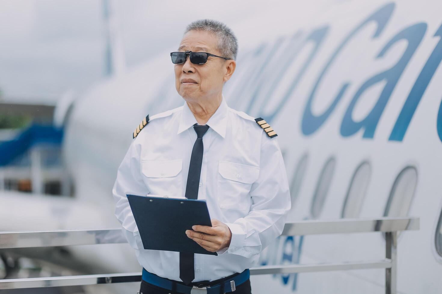 Professional pilot woman in uniform has teamwork meeting for success flight in aviation business. Young female captain instructor sitting in office and working or training commercial airline crew. photo
