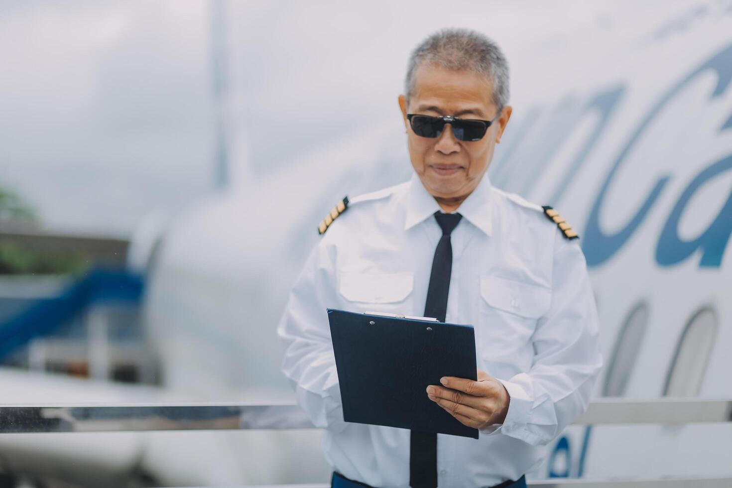 Professional pilot woman in uniform has teamwork meeting for success flight in aviation business. Young female captain instructor sitting in office and working or training commercial airline crew. photo