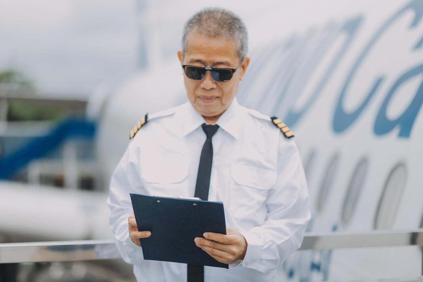 Professional pilot woman in uniform has teamwork meeting for success flight in aviation business. Young female captain instructor sitting in office and working or training commercial airline crew. photo