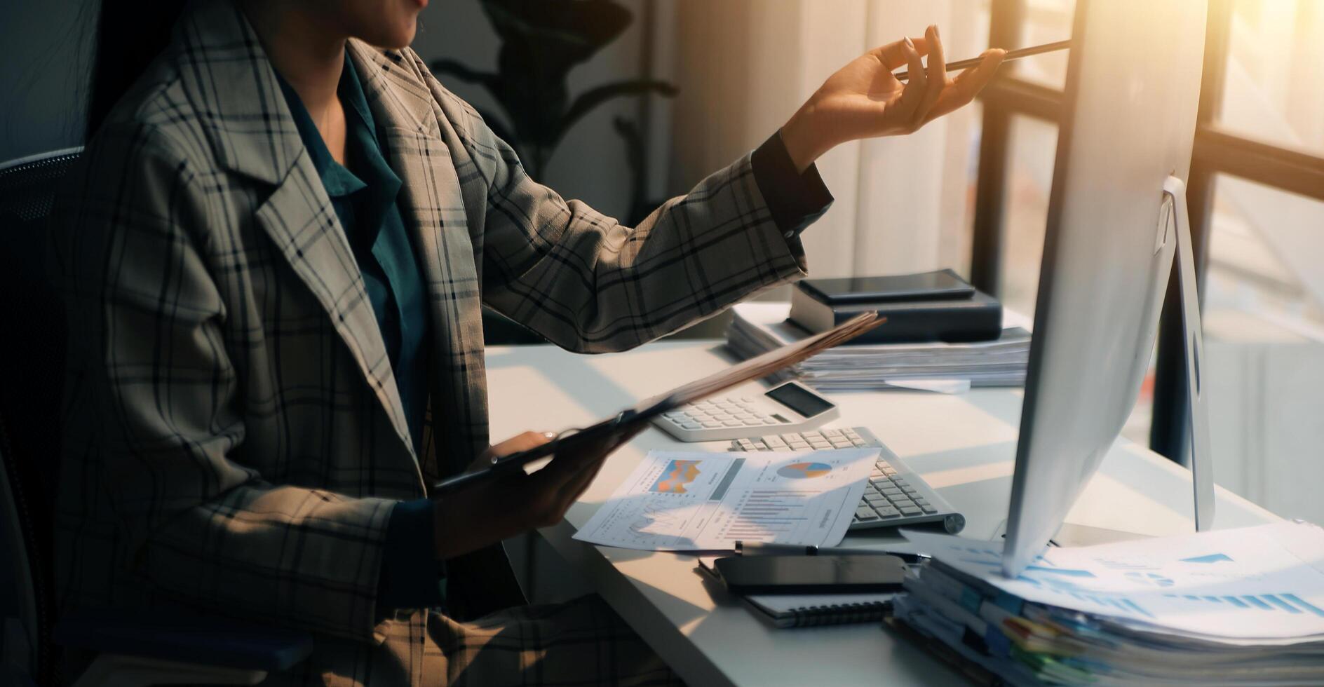 Team of business people working together in the meeting room office, teamwork background charts and graphs banner, double exposure successful teamwork,business planning concept. photo