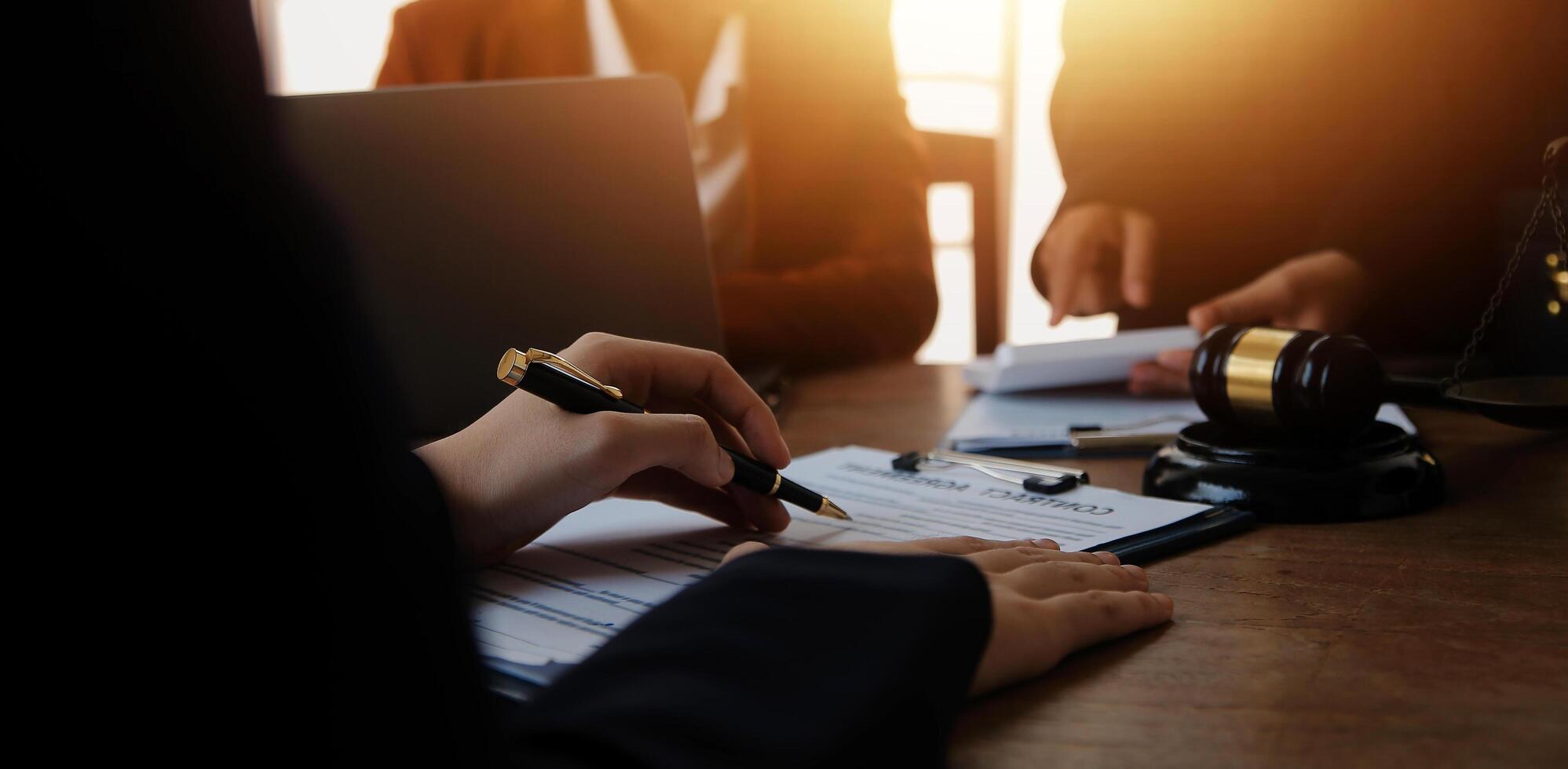Mediation client meeting lawyer consulting government help, Businessman and Male lawyer or judge consult having team meeting with client, Law and Legal services concept. photo