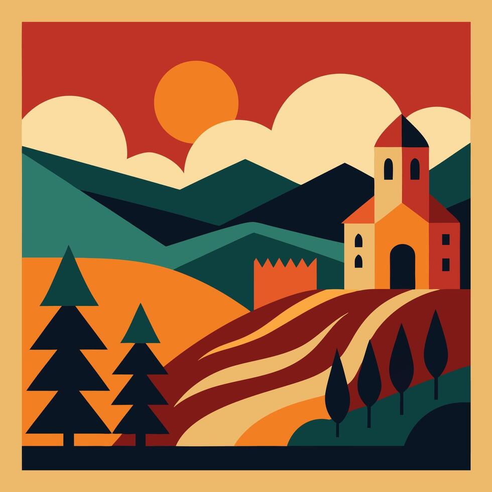 Vibrant illustration of a vineyard with mountains and houses at sunset. vector