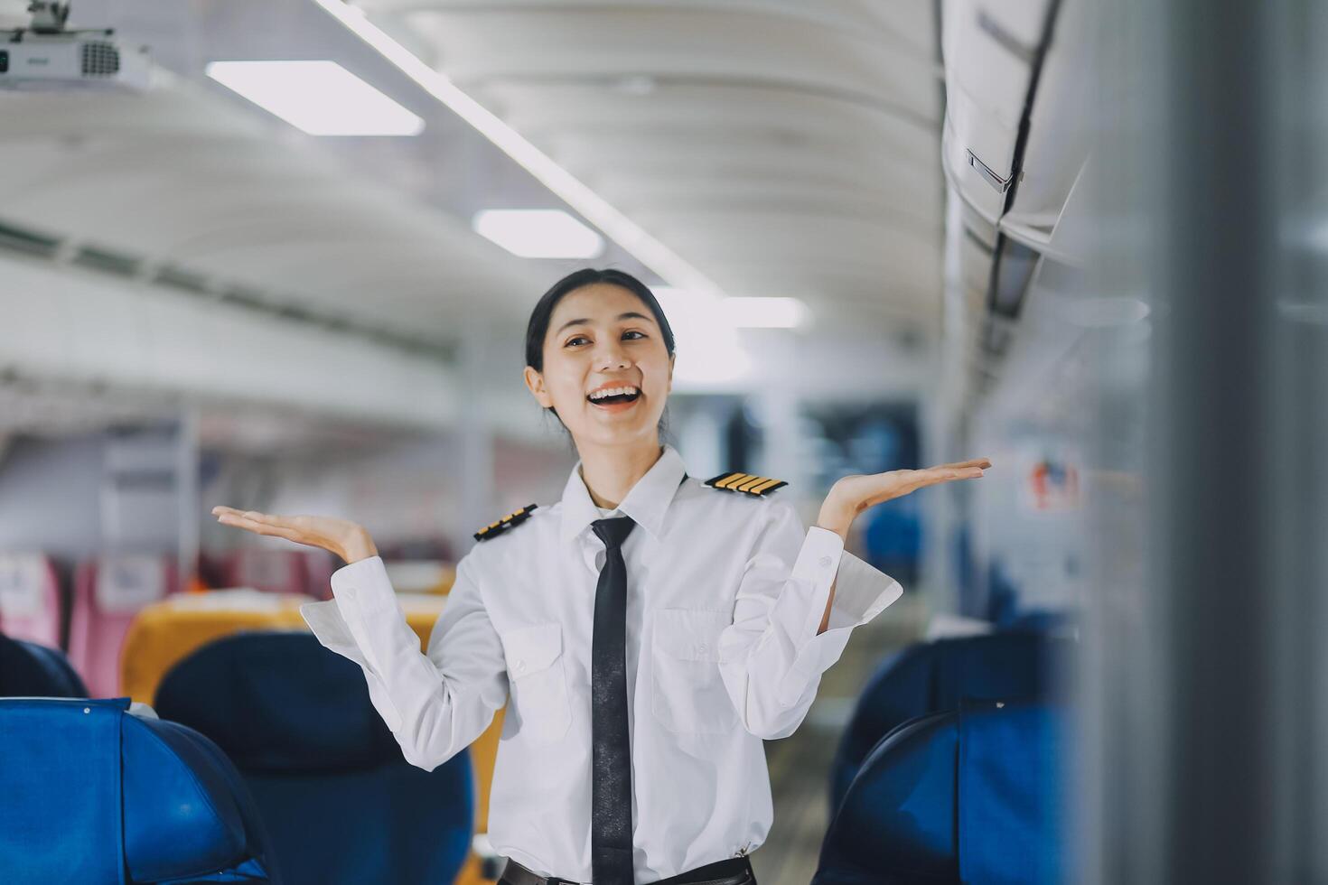 Portrait of a trained airplane captain in uniform preparing to fly, event planning in airplane. photo