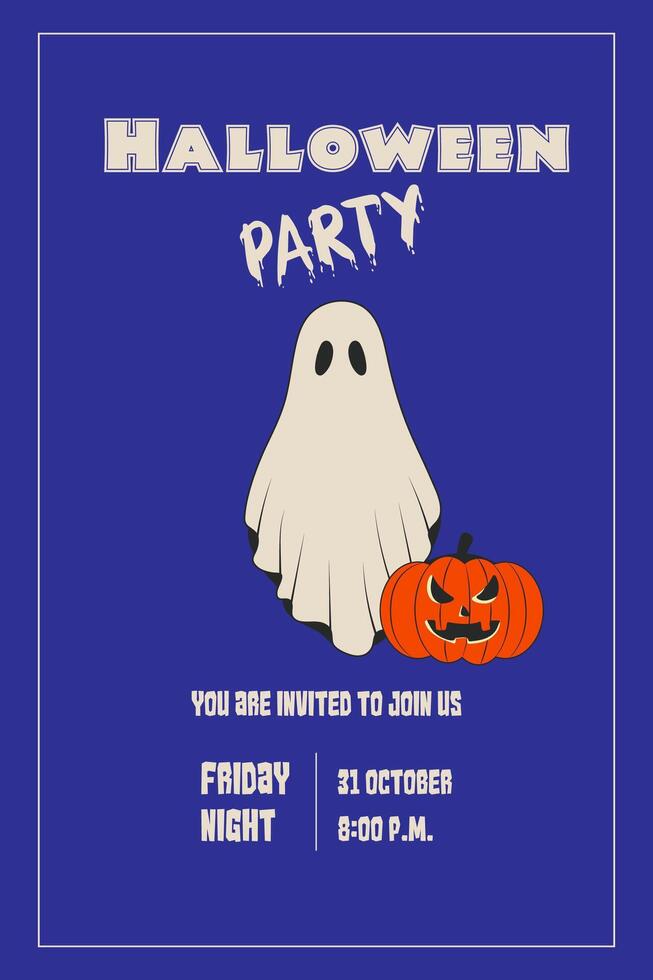 Poster, Halloween party invitation retro. Ghost and pumpkin. Groovy vector