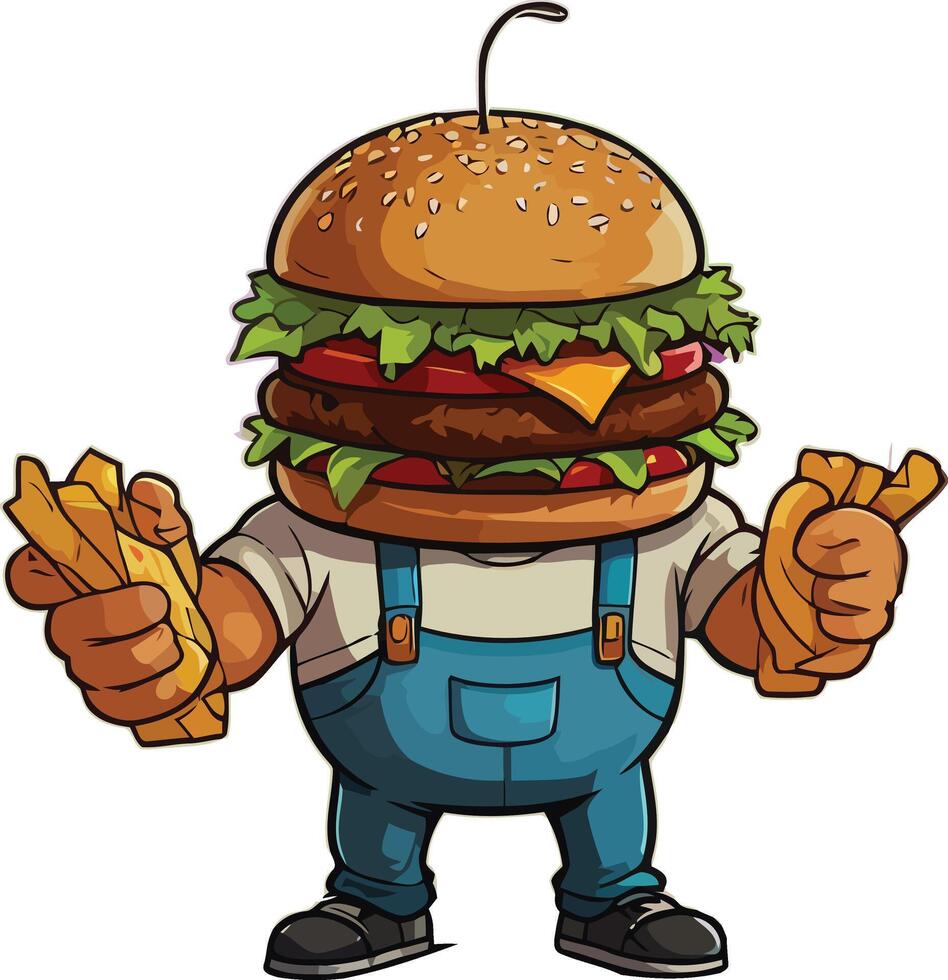 Burger with a cartoon man Art Illustration in White Background. vector