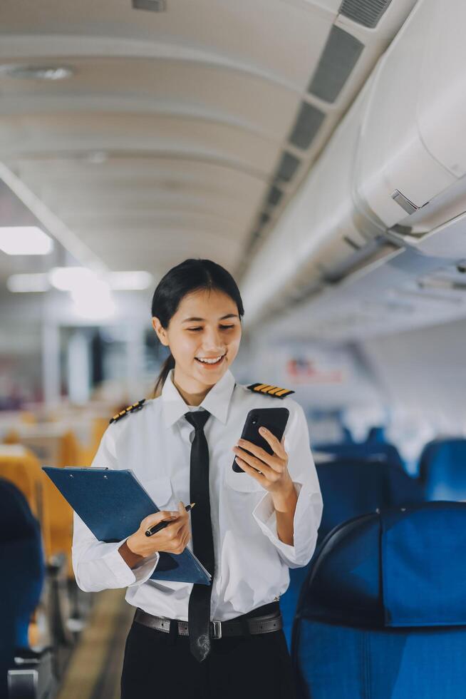 Texting on mobile chat app, Thoughtful asian people female person onboard, airplane window, perfectly capture the anticipation and excitement of holiday travel. chinese, japanese people. photo
