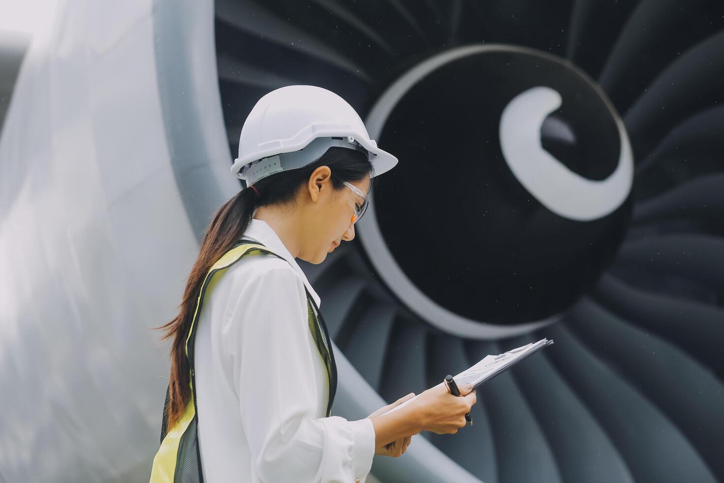 Technician fixing the engine of the airplane,Female aerospace engineering checking aircraft engines,Asian mechanic maintenance inspects plane engine photo