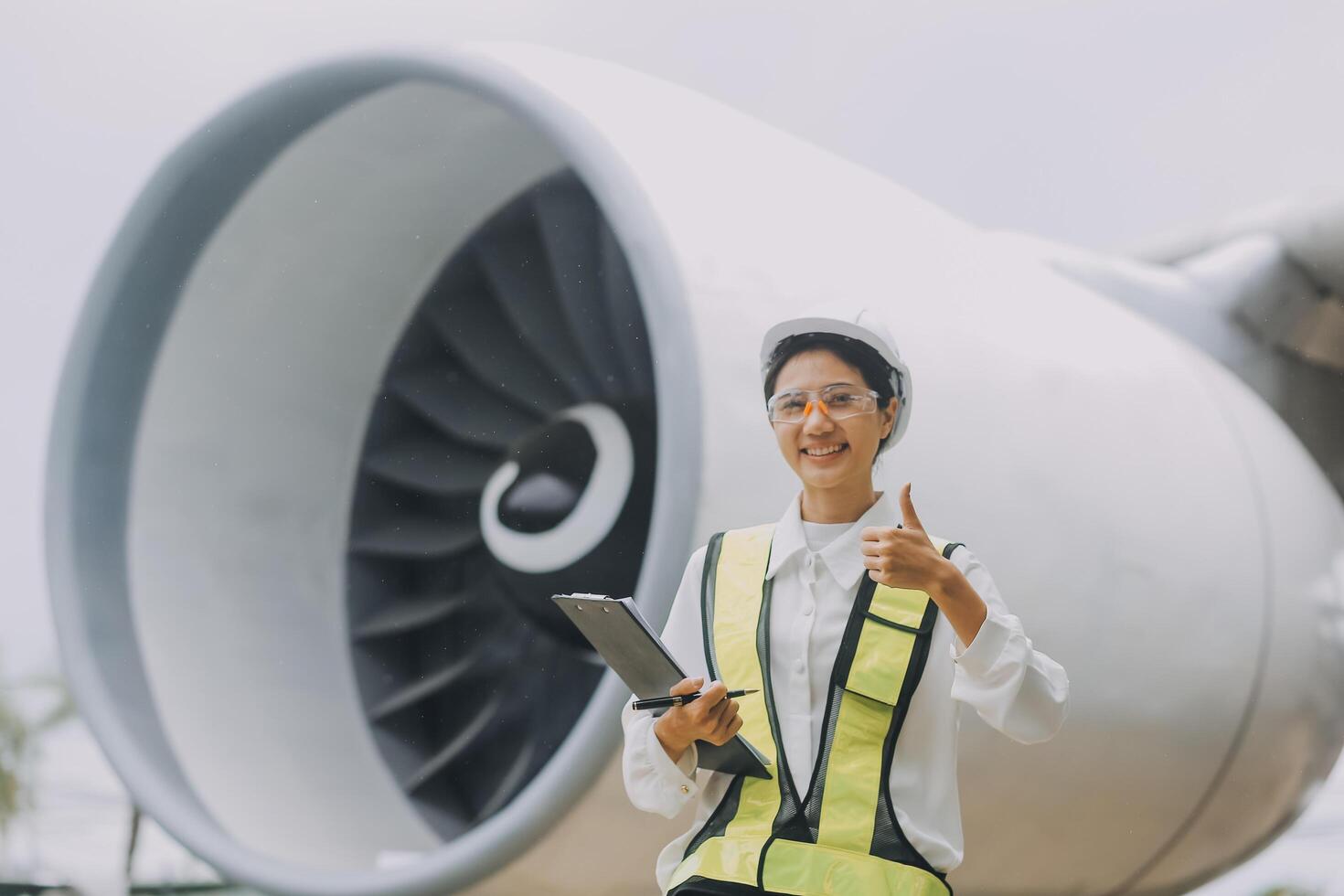 Technician fixing the engine of the airplane,Female aerospace engineering checking aircraft engines,Asian mechanic maintenance inspects plane engine photo