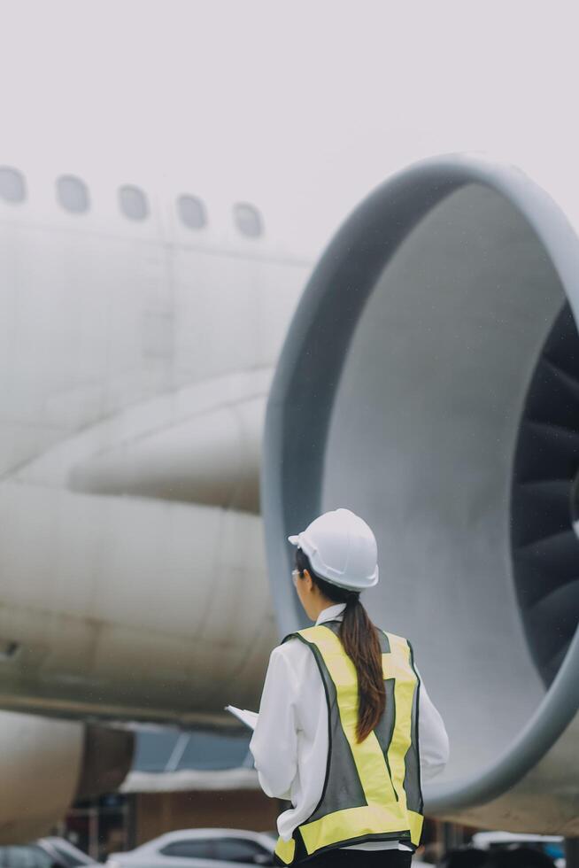 Technician fixing the engine of the airplane,Female aerospace engineering checking aircraft engines,Asian mechanic maintenance inspects plane engine photo