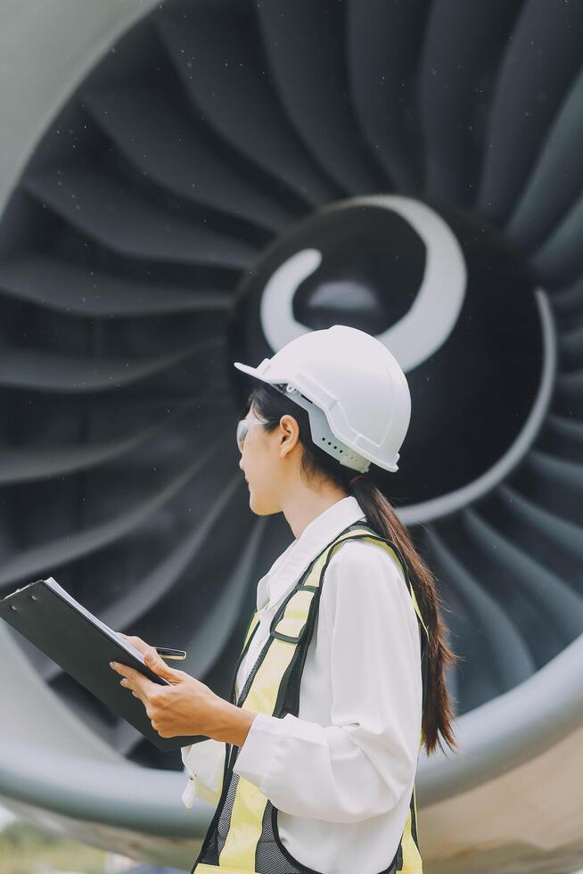 Technician fixing the engine of the airplane,Female aerospace engineering checking aircraft engines,Asian mechanic maintenance inspects plane engine photo